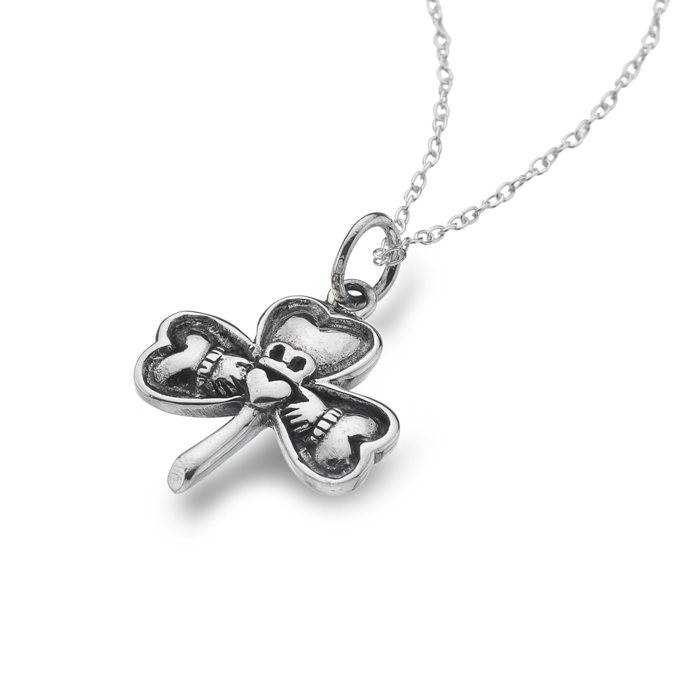 Celtic Shamrock and Claddagh Sterling Silver Pendant Necklace 