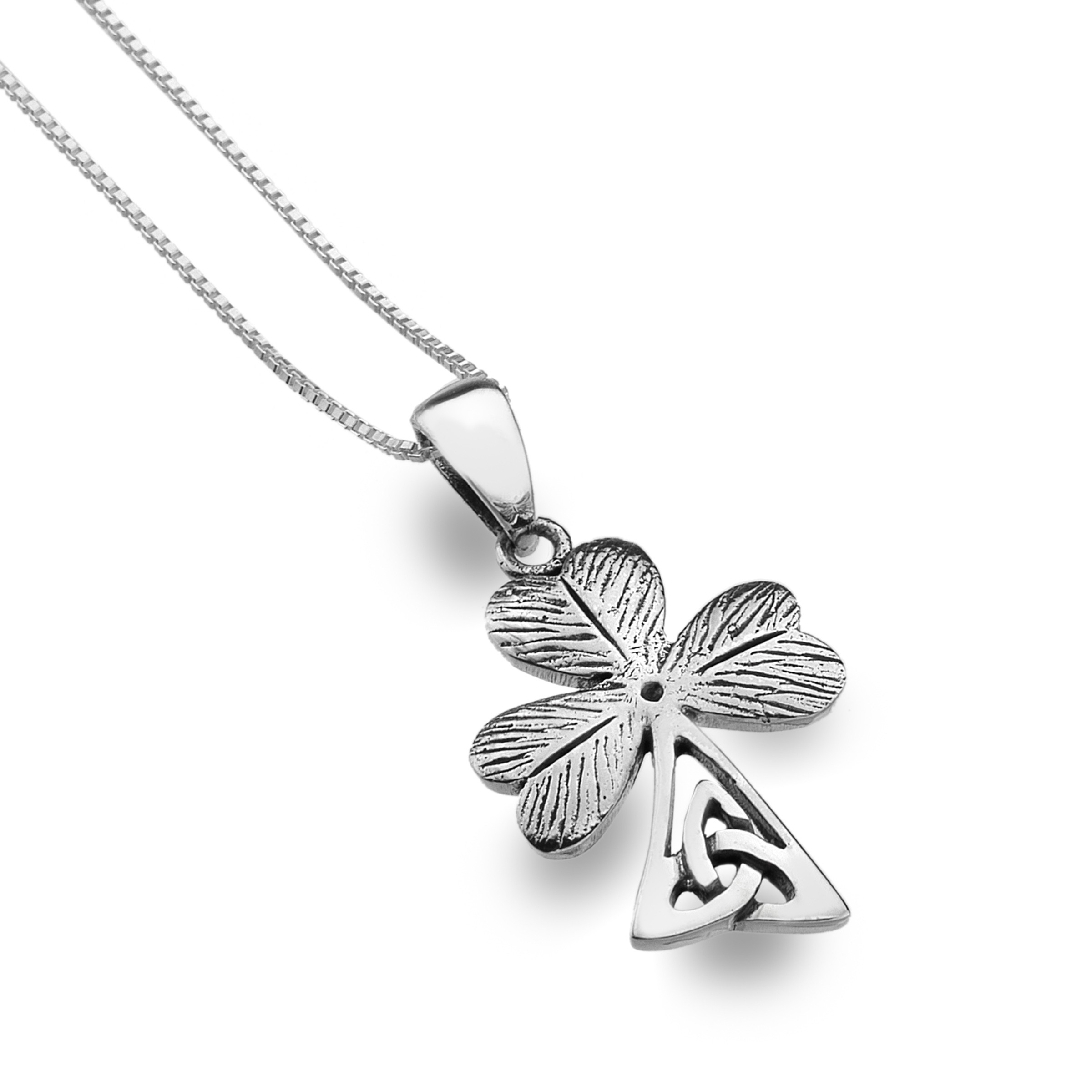 Celtic Shamrock & Knot Stem Sterling Silver Pendant Necklace 