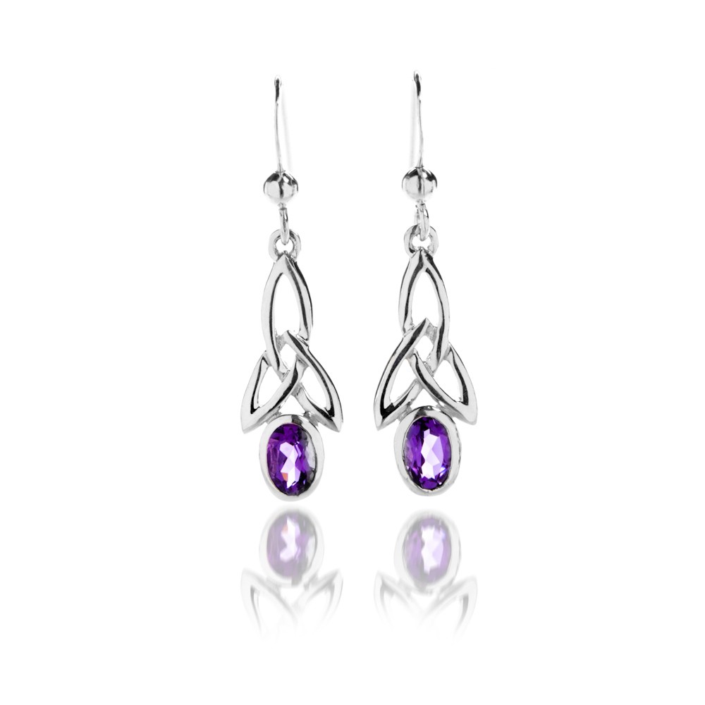 Celtic Trinity & Amethyst Long Sterling Silver Earrings 