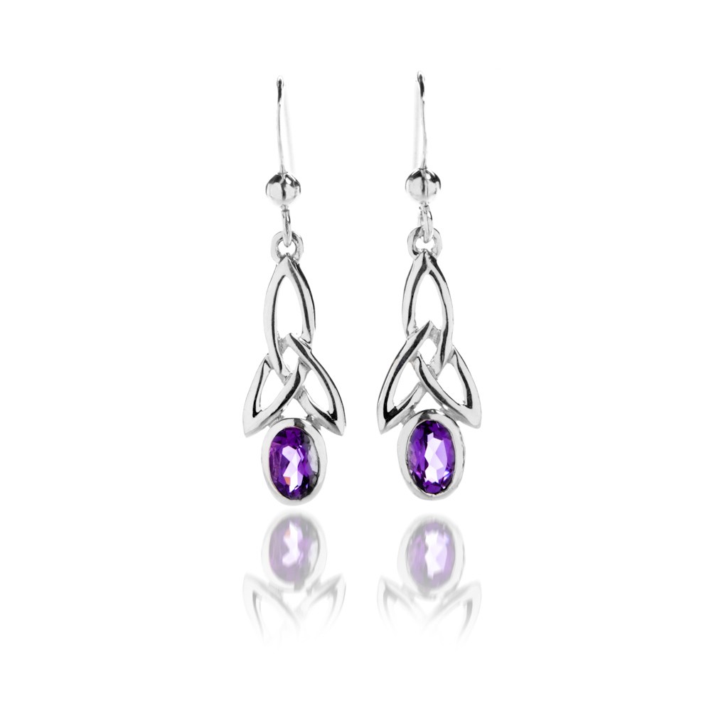 Celtic Trinity & Amethyst Long Sterling Silver Earrings 