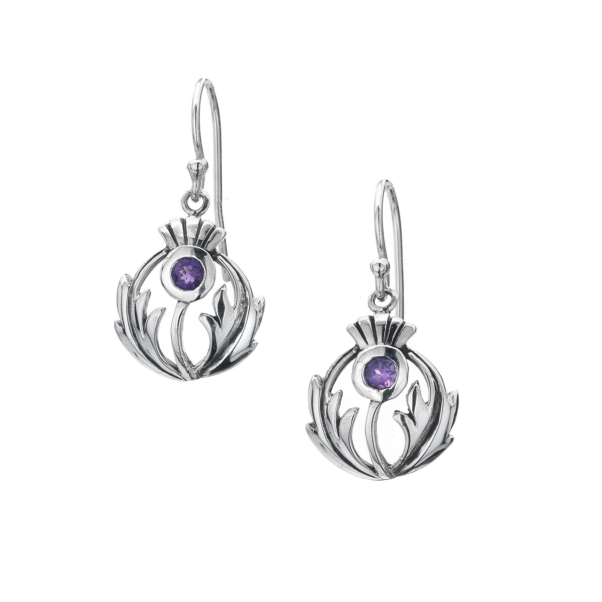 Thistle & Amethyst Round Sterling Silver Earrings 