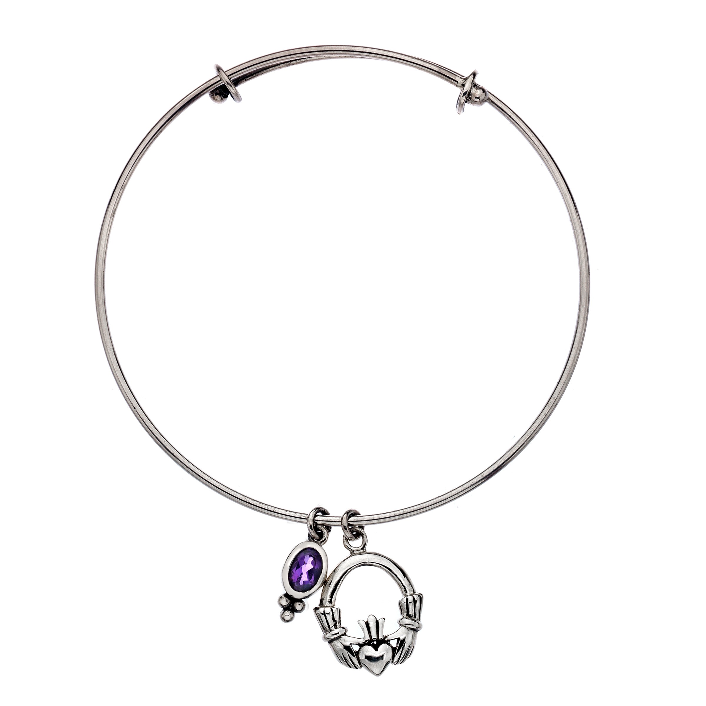 Celtic Claddagh Amethyst Charm Sterling Silver Bangle