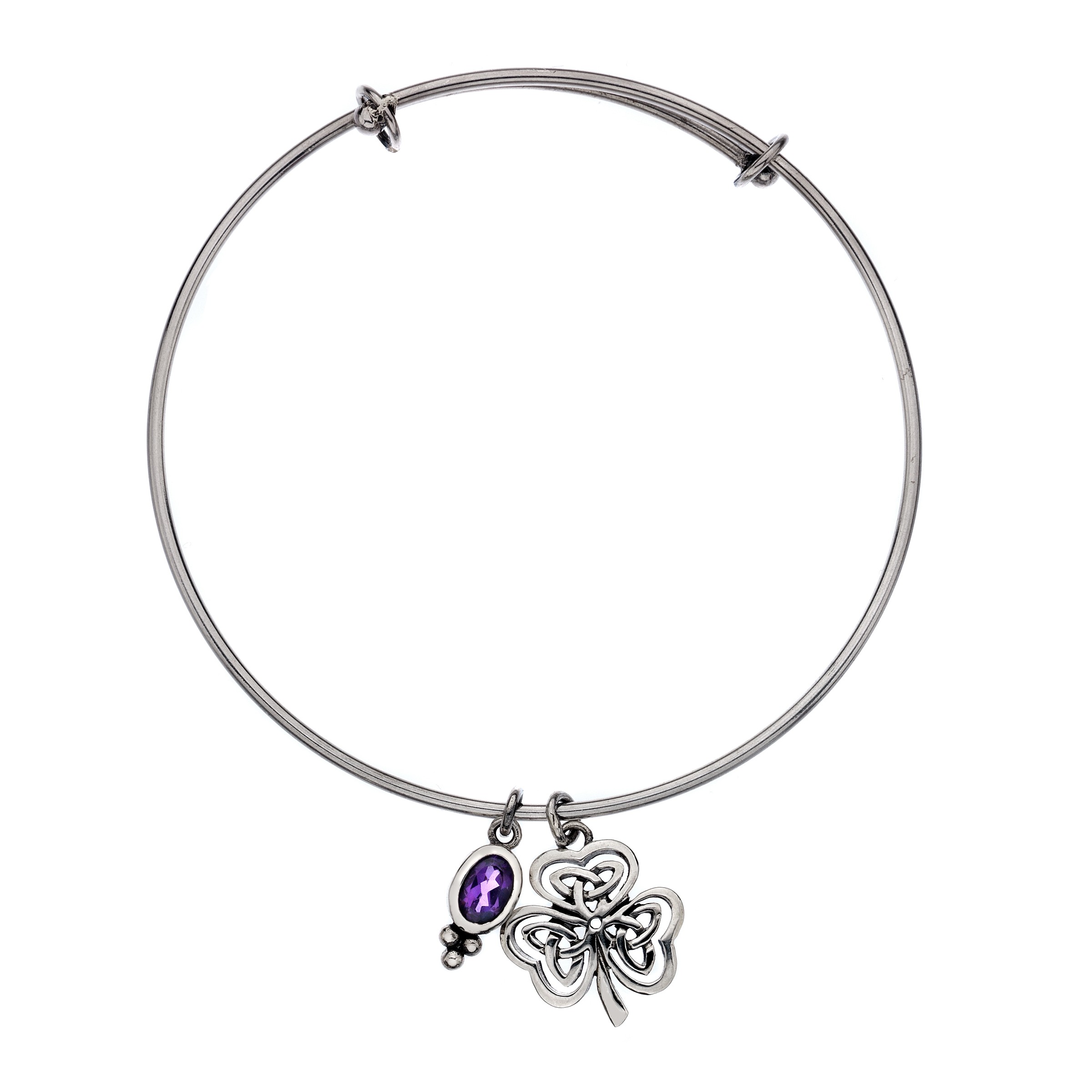 Celtic Shamrock Amethyst Charm Sterling Silver Bangle