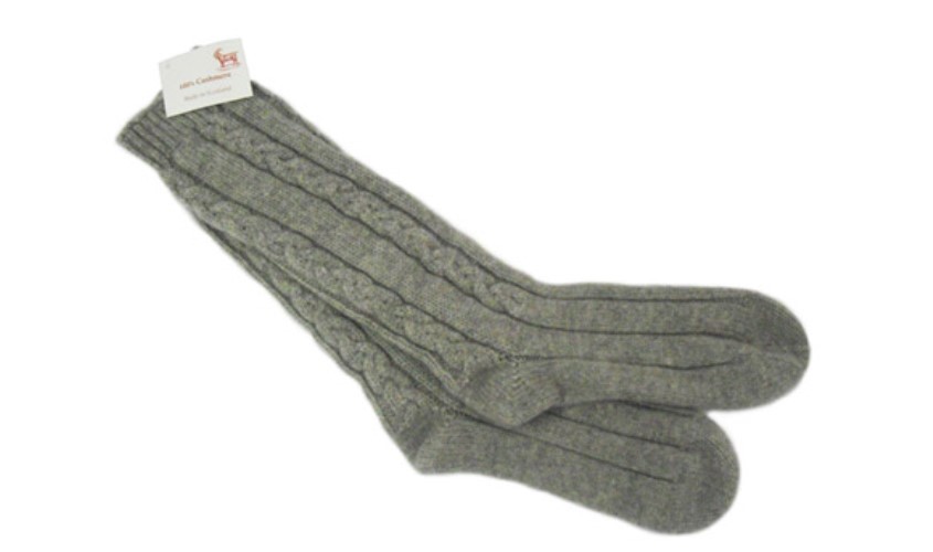 Flannel Grey 100% Cashmere 3 Ply Cable Ladies Bed Socks from the Scarf Company