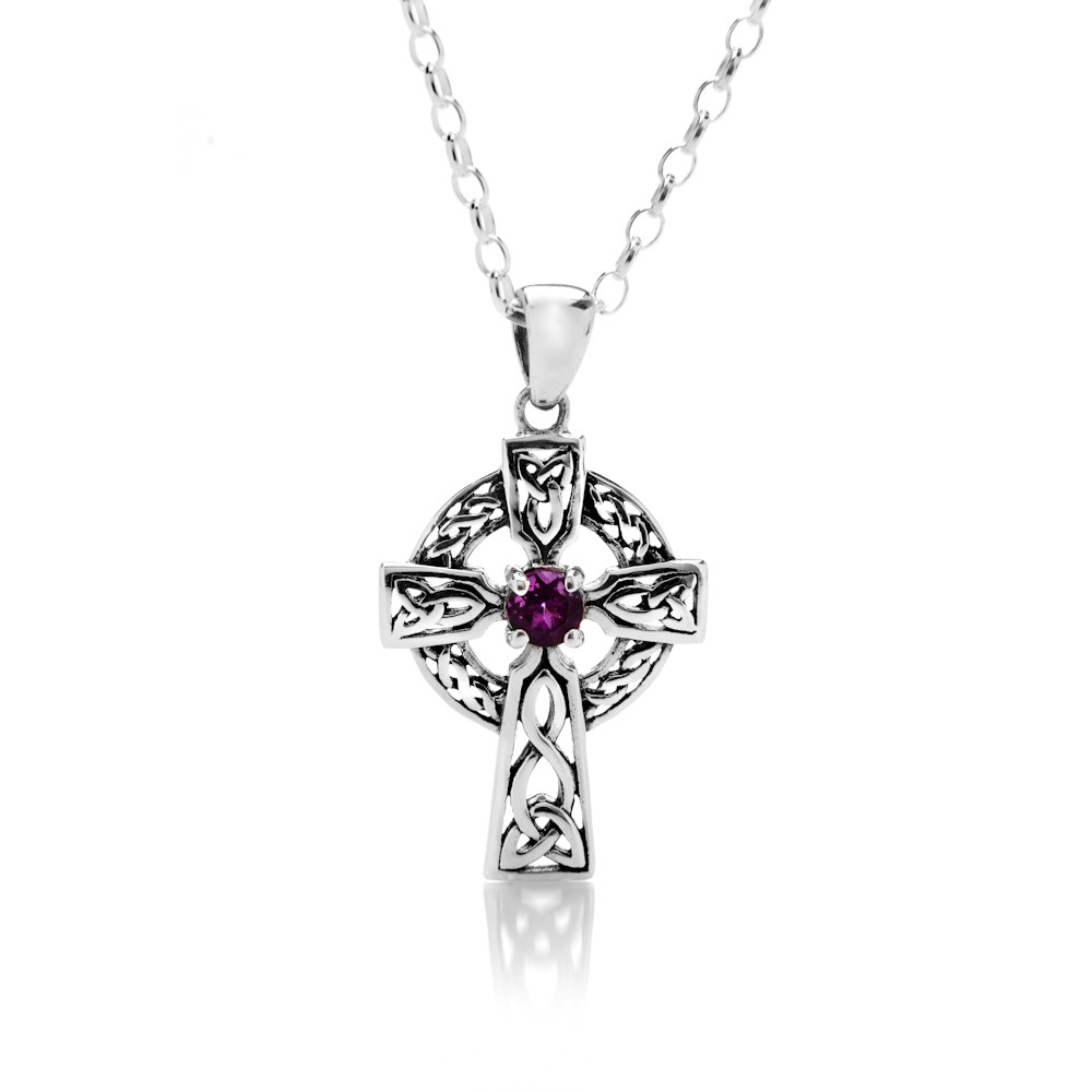 Celtic Cross Sterling Silver February Pendant Necklace