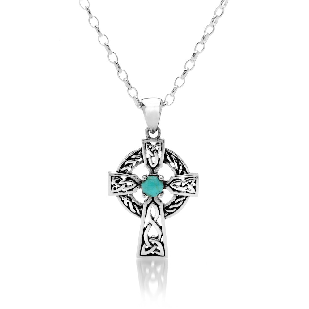 Celtic Cross Sterling Silver December Birthstone Pendant Necklace