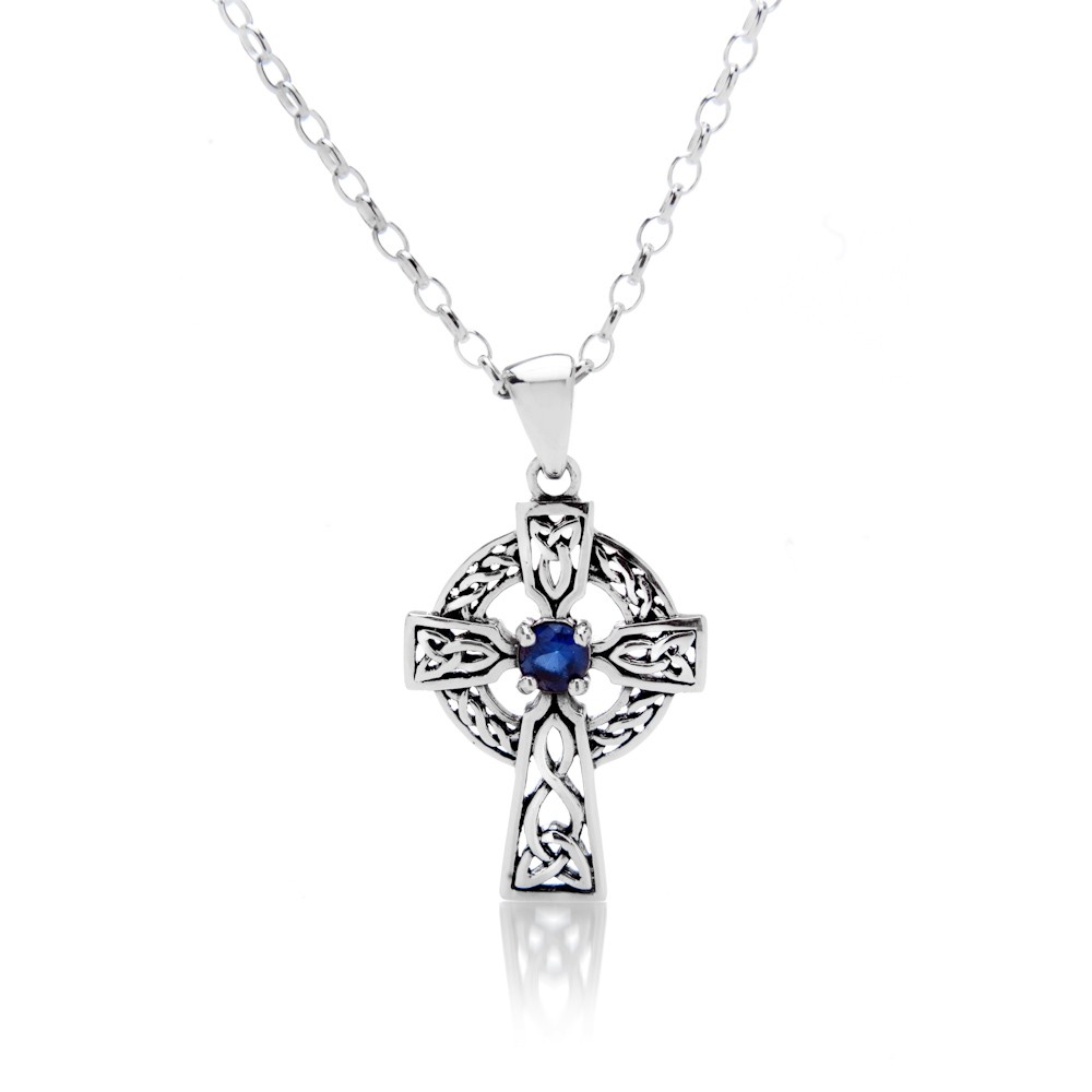 Celtic Cross Sterling Silver September Birthstone Pendant Necklace 