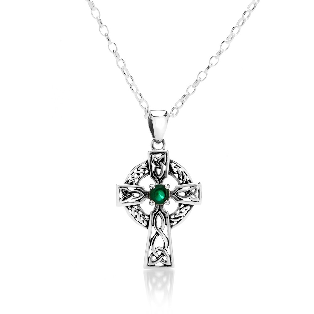 Celtic Cross Sterling Silver May Birthstone Pendant Necklace