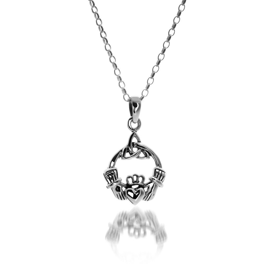 Celtic Claddagh & Knot Sterling Silver Pendant Necklace 