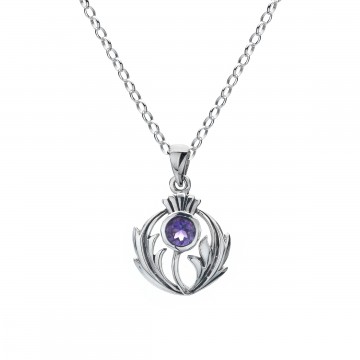 Scottish Thistle Amethyst Round Sterling Silver Pendant Necklace