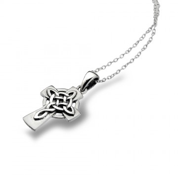 Celtic Cross & Solid Knotwork Sterling Silver Pendant Necklace