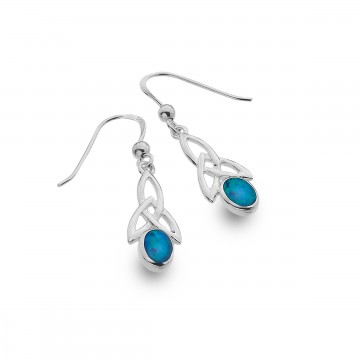 Celtic Trinity & Blue Opal Long Sterling Silver Earrings 