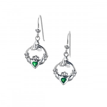 Celtic Claddagh Green Sterling Silver Earrings 