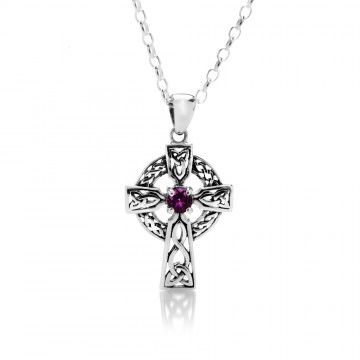 Celtic Cross Sterling Silver February Pendant Necklace