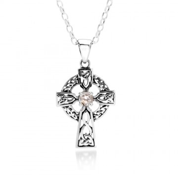 Celtic Cross Sterling Silver April Birthstone Pendant Necklace
