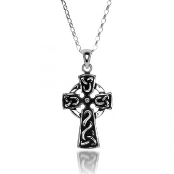 Large Oxid Celtic Cross Sterling Silver Pendant Necklace 