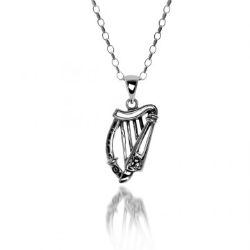 Irish Harp & Shamrock Sterling Silver Pendant Necklace 