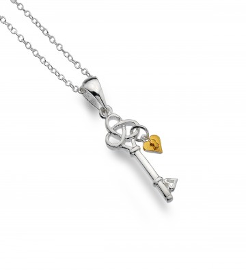 Celtic Trinity Knot Key & Heart Sterling Silver Pendant Necklace