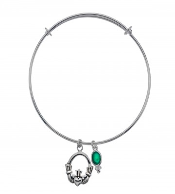 Celtic Claddagh Green Agate Charm Sterling Silver Bangle