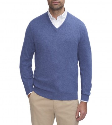Mens Blue V-Neck Sweater - 100% Cashmere Made in Scotland