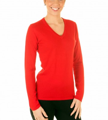 Red Ladies V-Neck Sweater - 100% Cashmere Made in Scotland